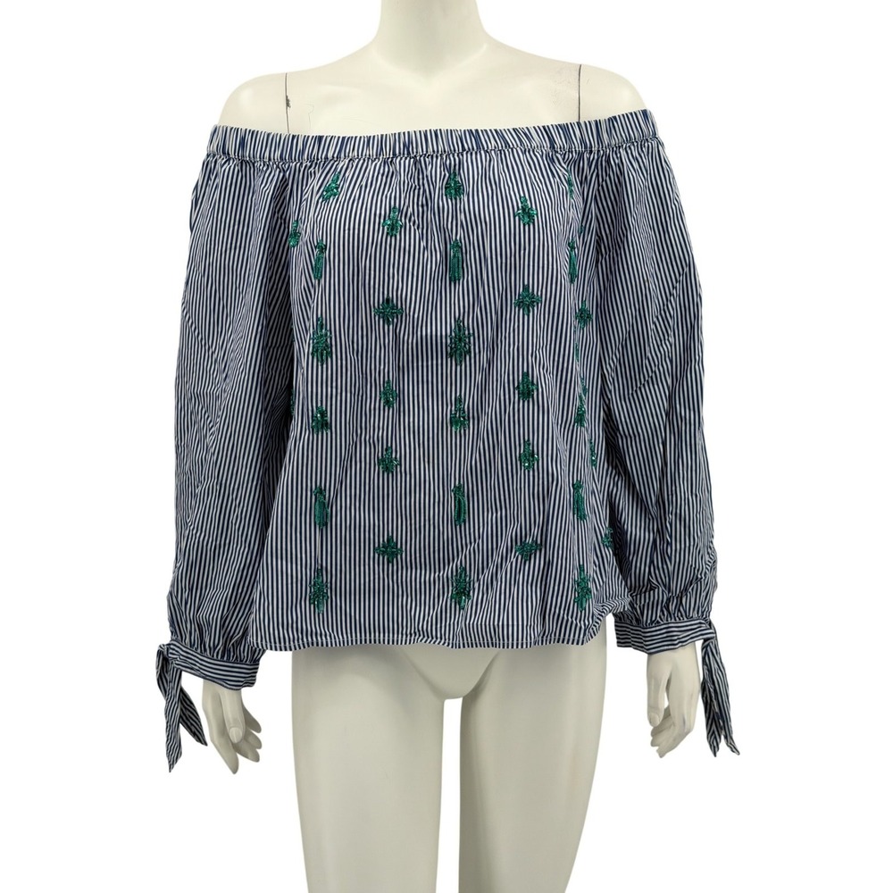 J Crew Top Women 14 Blue White Stripe Embellished Off the Shoulder Preppy Summer